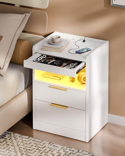 Mondeer Nachttisch LED mit Versteckte Schublade, Nachtschrank mit USB-Anschlüssen & Steckdosen, für Schlafzimmer Wohnzimmer Büro, 60 x 40 x 35 cm (Weiß)