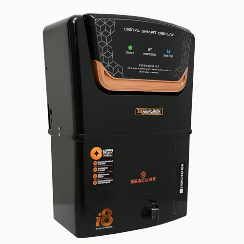 Image of Seacure Aqua i8 Digital Display RO Water Purifier for Home | RO+UF+UV+TDS+4X Alkaline Booster | 12L Storage | Fully Automatic | ISI Certified | Suitable for all type of water supply | Brown