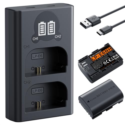 K&F Concept LP-E6NH Replacement Battery and Charger Set 2 Pack 2600mAh Batteries for Canon EOS R7 R6 R5 5D Mark II/III/IV 6D 6D Mark II 7D II 90D 80D 70D