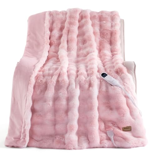 Image of Bedsure Soft Bubble Faux Fur Heated Blanket Electric Throw XL, Tie-dye Pink