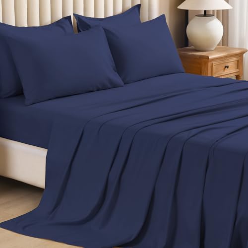 Image of Litanika Super King Plus Comforter Sets Navy Blue - 7 Pieces Bed in a Bag Beddding Sets, Solid Lightweight Bed Set with Comforter, Sheets, Pillowcases & Shams