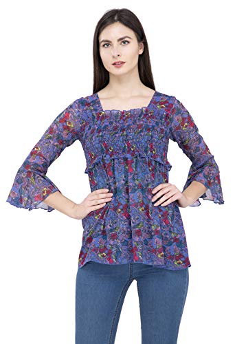 Image of POPWINGS Printed Chiffon Peplum Tops for Women || 3 /4th Sleeves Square Neck Women Tops for Summer || Stylish Western Smocking Women Tops