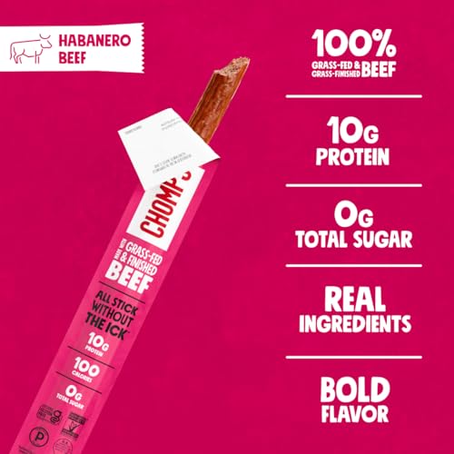 Image of Chomps Grass-Fed and Finished Spicy Habanero Beef Jerky Snack Sticks 10-Pack - Keto, Paleo, Whole30, 10g Lean Meat Protein, Gluten-Free, Zero Sugar Food, Non-GMO