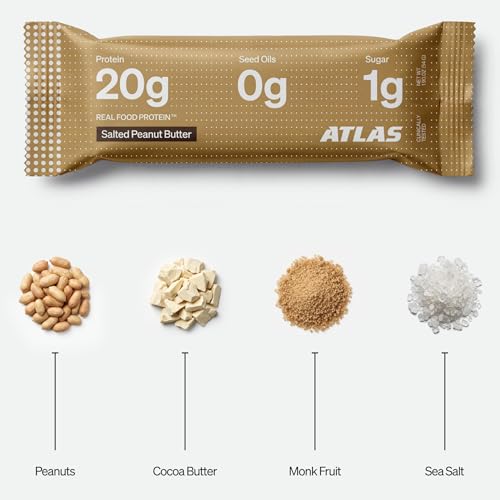 Image of Atlas Real Food High Protein Bars - 20g Protein, 1g Sugar, Clean Ingredients, High Fiber, Low Sugar Snack Bar, No Seed Oils, No Artificial Sweeteners (Salted Peanut Butter, 12 Count)