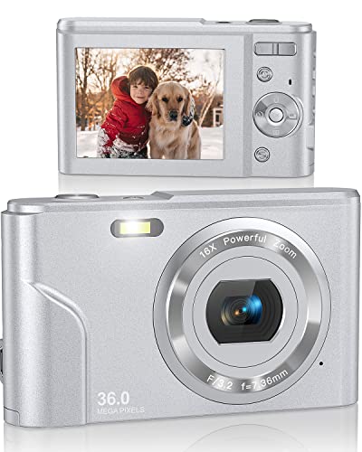 Lecran Digital Camera FHD 1080P 36.0 MP Vlogging Camera with 16X Digital Zoom, LCD Screen, Compact Portable Mini Cameras for Students, Teens, Kids (Silver Grey)