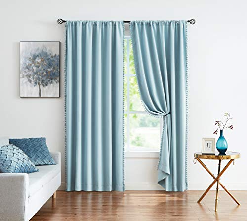 Image of TREATMENTEX Pom-Pom Blue Curtains Living Room 84 inches Energy Efficient Thermal Insulated Room Darkening Curtain Panels for Bedroom Window Draperies Nursery Room Children 50in w x2 Panels Rod Pocket