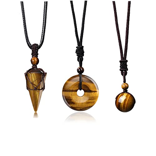 Jovivi 3 Pcs Healing Crystal Stone Necklaces Set for Men Women Natural Amethyst Black Obsidian Tiger Eye Gemstone Hexagonal Bead Donut Necklace Adjustable Rope Quartz Crystal Chakra Pendant Jewelry for Reiki Energy