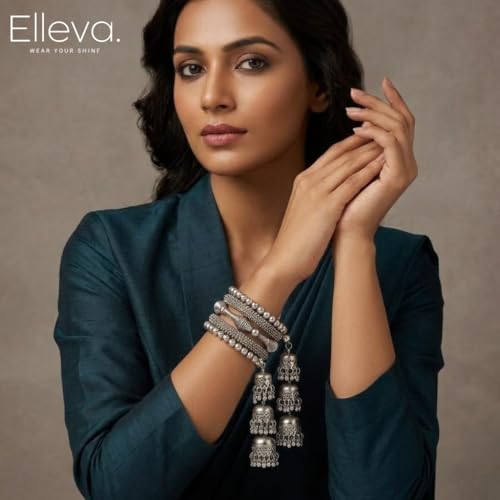 Image of Traditional Bangles set for Women | Oxidised Jewellery Bracelet for Girls Stylish | Latkan Chain Peacock Bangle Bracelet Adjustable for Navratri Festive Jewelry set of 1 (Pack of 1)