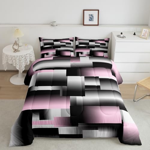 jejeloiu Modern Abstract Comforter Set Queen Size Pink Gray Black White Geometric Art Comforter Geometry Rectangle Room DecorBedding Set Quilt 3Pcs Duvet Set Boys