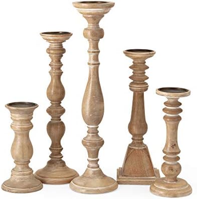 IMAX Mason Natural Wash Wood Candleholders - Set of 5 Vintage Candle Stands - Home Decor Accessory