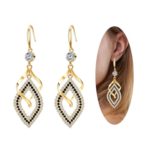 Dangle Earrings for Women, 925 Sterling Silver Handmade Linear Swirl Wire Bohemian Boho 14K Gold Diamonds Hypoallergenic Earrings Fashion Jewelry Gifts for women (Gold)