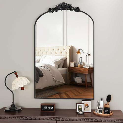 Furnbar Vintage Wall Mirror, 24'x36' Arched Mirror for Vanity, Antique Decorative Mirrors with Carved Metal Frame for Bedroom, Living Room, Entryway, Fireplace, Hallway, Black