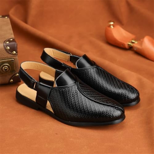 Men's Woven Leather Close-Toe Sandals with Adjustable Ankle Strap Breathable Lightweight Summer Arch Support Slip-On Flats Casual Dress Beach Walking Office Formal Work Shoes2