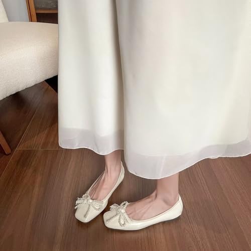 ChaiRong Zhou Women Pearl Bowknot Square Toe Pu Leather Flats Slip on Casual Dress Office Driving Shoes2