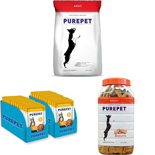 Image of Purepet Chicken and Vegetable Adult Dry Dog Food - 20kg & Chicken Flavour, Real Chicken Biscuit, Dog Treats- Jar, 455g & Wet Cat Food, Real Tuna and Chicken Liver in Gravy, 24 Pouches (24 x 70g)