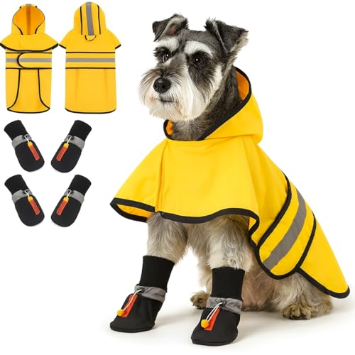 Sunnymove Dog Raincoat and Shoes for Weighing 10-22lbs, Spring Summer Waterproof Dogs Boots & Paw Protectors, Adjustable Pet Poncho with Leash Hole for Large Medium Small Dogs, Yellow(Single Side)