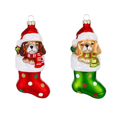 Christbaumschmuck Glas 14cm - Hund im Strumpf Figur zum Aufhängen - 1...