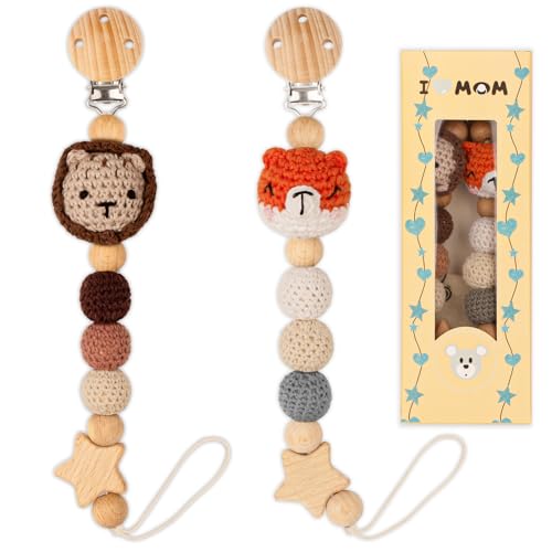 Image of LSTRAGY Pacifier Clip, 2 Pack Pacifier Clips for Boys and Girls, Cute Fox&Lion Handmade Knitted Pacifier Holder Fits for Most Pacifier, Baby Teethers, Baby Shower and Baby Gift