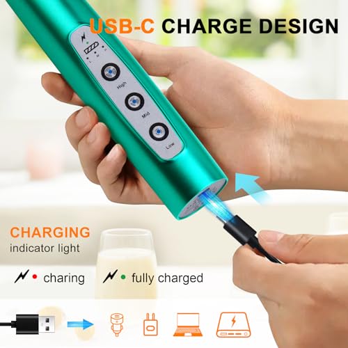 Image of YUSWKO Turquoise Handheld Milk Frother Wand for Coffee, Rechargeable Electric Whisk with 3 Heads 3 Speeds Drink Mixer Coffee Frother For Latte, Cappuccino, Hot Chocolate, Egg