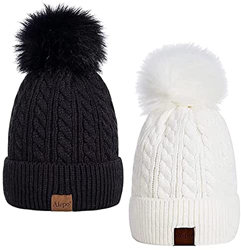 Krystle Women's Faux Fur Pom Pom Crochet Knitted Wool Skull Beanie Hat Cap (Black & White)-(Pack of 02)