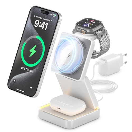 [Protezioni multiple & ricarica rapida] Il caricatore wireless 3 in 1 è certificato da QI e dotato di meccanismi di protezione multipli, inclusa protezione integrata da surriscaldamento, protezione da sovraccarico e cortocircuito. La funzione di rilevamento di oggetti estranei garantisce la protezione dei dispositivi. I fori di raffreddamento e i chip intelligenti dedicati assicurano una ricarica rapida e stabile per la stazione di ricarica Apple