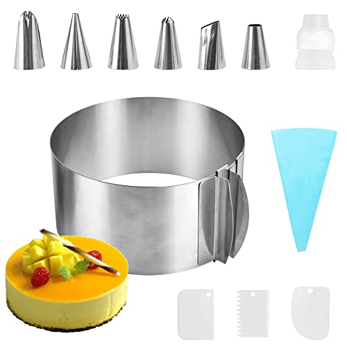 QINERSAW 12 PCS Cercle à Patisserie Reglable 16-30cm en Acier Inoxydable Cercle a Gateau Rond Anneau à Gâteau Réglable Cercle a Gateau Extensible Moule avec Raclette et Buses pour Gâteaux Pain