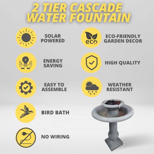Garden Mile Resin 2 Tier Cascade Solar Powered Garden Water Feature Chatsworth Fountain with Stone Effect - Freestanding Solar Water Fountain Bird Bath Outdoor Ornaments for Garden, Patio, Lawn Decor