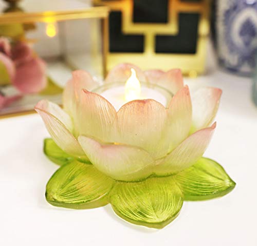 Ebros Blossoming Lotus Flower Tea Light Candle Holder Statue 4.5' Wide Feng Shui Zen Buddha Yoga Padma Altar Decoration Figurine Meditation Lotus Votive Holder (Translucent Acrylic)