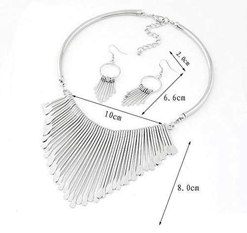 Juland Statement Bib Necklace with Metal Fringe Drop Choker Necklace Earrings Set Fashion Bohemian Punk Ethnic Style for Women and Girls - Silver - Thumbnail 4