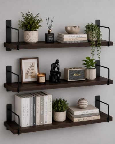 Image of Wooden Wall Shelf for Books | Wall Mounted Bookshelf for Living & Bedroom | Floating Wall Bookshelf | Book Shelf Wooden Wall Mounted | Decorative Wall Shelf Rack Brown, 16X6X6,Set of 3