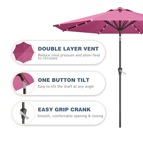 Image of 9FT Patio Umbrella with Solar Lights,Outdoor Market Umbrella with Tilt and Crank, LED Lighted Table Umbrella for Garden,Deck,Backyard,Pool,Beach (Rose Pink)