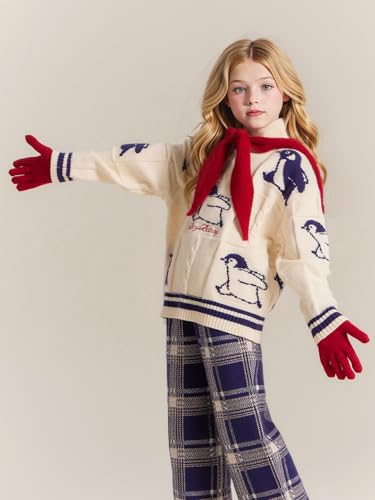 Girls Knit Turtleneck Sweater with Cartoon Penguin Print,Thick Warm Pullover Winter White Jumper for Kids 6-16Y4