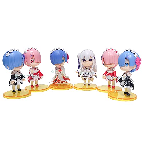 Image of Trunkin Zero Rem Re Life In A Different World From Zero (Set A)| Set Of 6 Rubber Figurine Anime Ram Figures Rem Emilia Action Polyvinyl Chloride Collectible Weeb Manga Action Figures,Multicolor