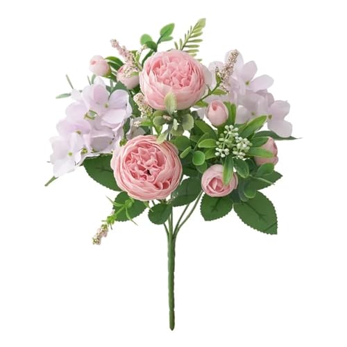 GMVZGQW Blaue Seidensträuße, künstliche Waldhortensien, Pfingstrosen, für Hochzeit, Braut, Handstrauß, Zuhause, Garten, Schreibtisch, Blumenarrangement, Dekoration für den Außenbereich (Rosa)