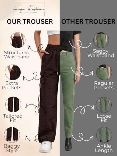 Image of Leriya Fashion Cargo Pants For Woman | Trousers For Womans |High Waist PolyCotton Trouser for Women - Flared Parachute Pants with Side Pockets |Womens Cargo Pant | Track Pant For Womans |Elegant for College & Events (Available in Plus Size)