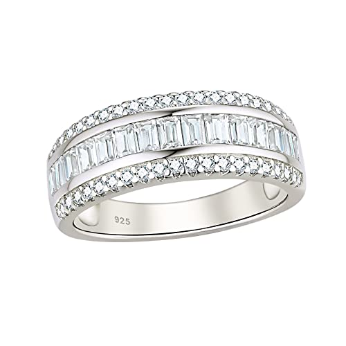 Wuziwen Women Sterling Silver Round and Baguette Eternity Ring Wedding Band for Women Cubic Zirconia Sz 5-10