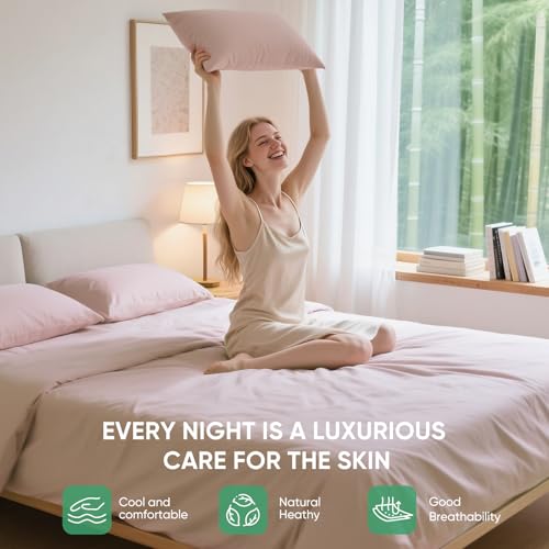Image of TWK Real 100% Viscose Derived from Bamboo Sheets Set King Size, Cooling & Silky Soft for Hot Sleeper, Breathable & Moisture Wicking Fabric, 18 inch Deep Pocket with Corner Straps (Sand, King)
