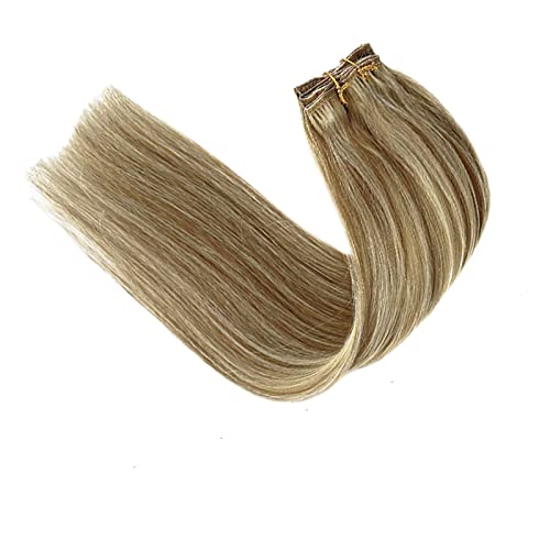 Image of Hair Extensions Real Human Hair, Clip in Human Hair Extensions Light Blonde and Golden 18Inch Remy Hair Extensions Highlights Clip on Extensions 7 Pieces 70Gram