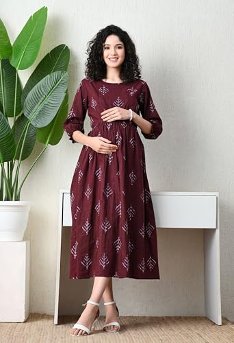 Image of Ichaa Women's Blue Cotton Printed Maternity Dress with Feeding Zips and Pocket| in Plus Sizes