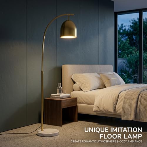 Image of Floor Lamp 3-Color CCT (Warm + Natural + Cold White) Arc Gold Metal with Marble Base | E27 | Standing Lamp for Living Room Bedroom