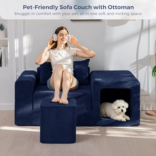 Image of MAXYOYO Folding Sofa Couch, Convertible Floor Sofa with Armrest, Multifunctional Sofa with Pillow and Pockets, Boneless Couch for Living Room, Navy