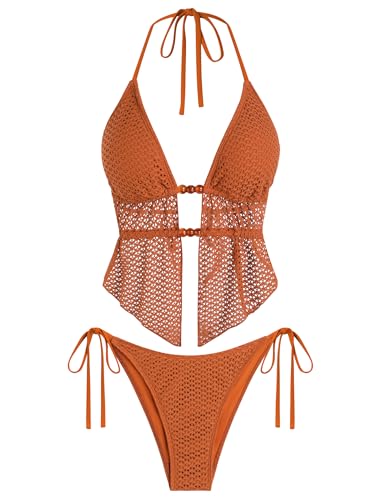 Image of ZAFUL Halter Swimsuits for Women Textured Backless 2 Piece Bathing Suits Cheeky High Cut String Tie Side Bikini Sets