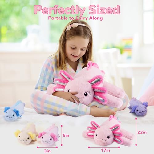 Image of 5 Pieces Axolotl Stuffed Animals with Babies Inside Belly - 1 Mommy Stuffed Axolotl with 4 Babies - Pink Axolotls Plush Toy for Kid Age 3-8, Gift Ideal for Christmas, Valentine's, Birthday