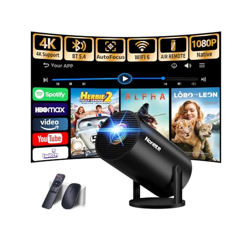 【Projector 2026 Upgraded】Mini Projector with WiFi 6 and Bluetooth 5.2 Support 4K 1080P Auto Keystone 270° Rotatable Projector Portable Compatibile with HDMI/TV Stick/Memory Stick/Laptop-Black