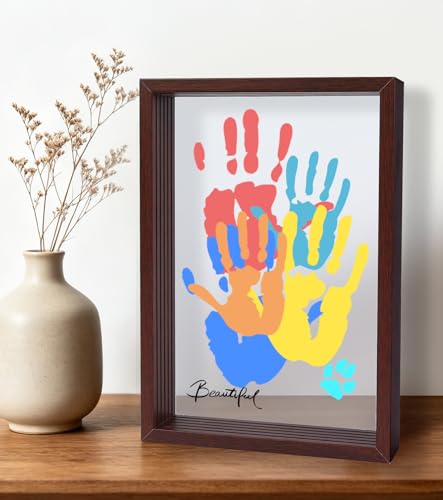 Family Handprint Kit with 5 Clear Acrylic Sheets 12.3x8.7 Wooden Handprint Frame Kit for 5 Family Members or Pets Unique Keepsake with 7 Non-Toxic Paints & Marker Meaningful DIY Personalized Gift