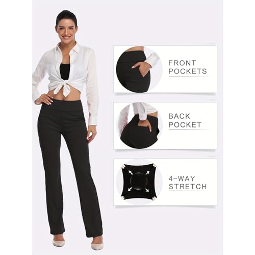 HISKYWIN Inner Pocket Yoga Pants 4 Way Stretch Tummy Control Workout Running Pants, Long Bootleg Flare Pants4