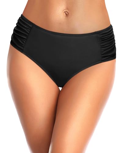 Tempt Me Women Black Bikini Bottoms Mid Waist Ruched Bathing Suit Swimsuit Full Coverage Swim Bottom Xs thumb #2