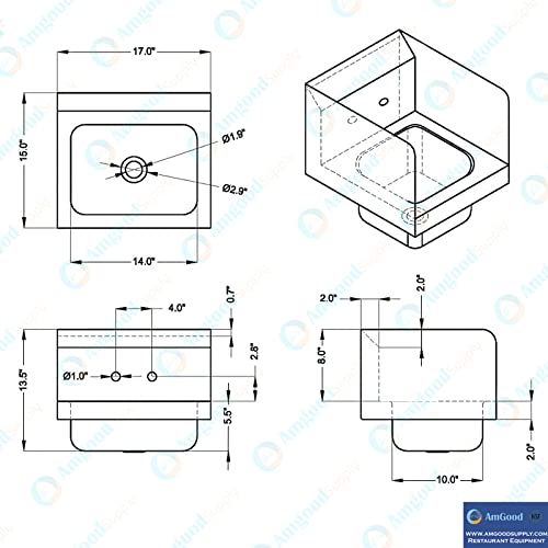 Image of AmGood Stainless Steel Wall Mount Hand Sink | NSF | Commercial Hand Washing Basin For Restaurant, Kitchen and Home (17 inch x 15 inch with Sidesplash)