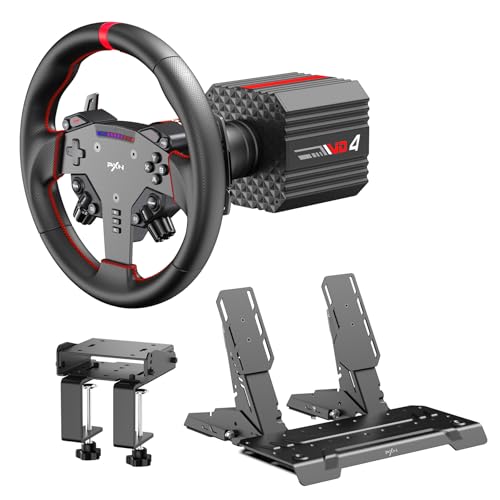 PXN VD4 Bundle, PC Steering Wheel and Pedals – 4 Nm Direct Drive Servo Motor Base, W AS Racing Wheel, Hall Effect 2-Pedal Set, and Table Clamp – Professional Sim Racing Setup for Windows PC (7–11)