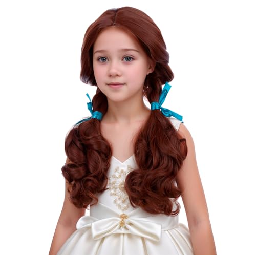 Edivd Kids Brown Two Braided Ponytails Wig Girls Dark Brown Wavy Two Pigtails Wig Cosplay Heat Resistant Synthetic Wigs with Cap